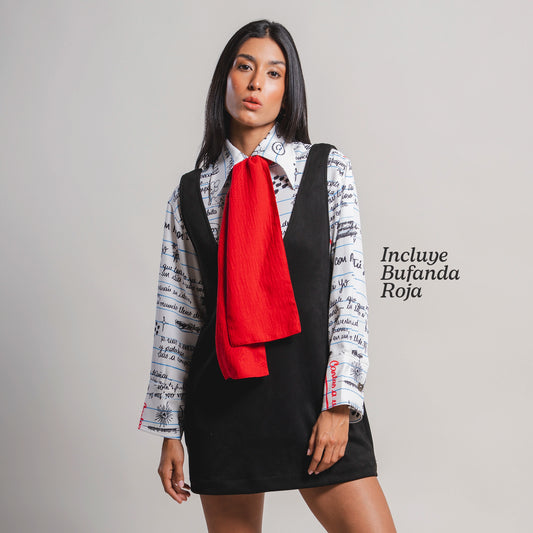 Camisa Manifiesto de frente con bufanda roja - silueta oversize sobre minivestido negro