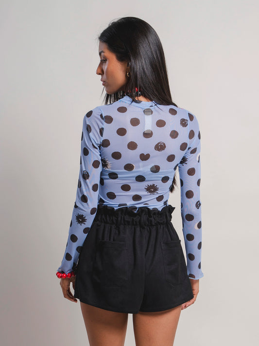 Buso Entre Sombras celeste, vista trasera mostrando el estampado completo