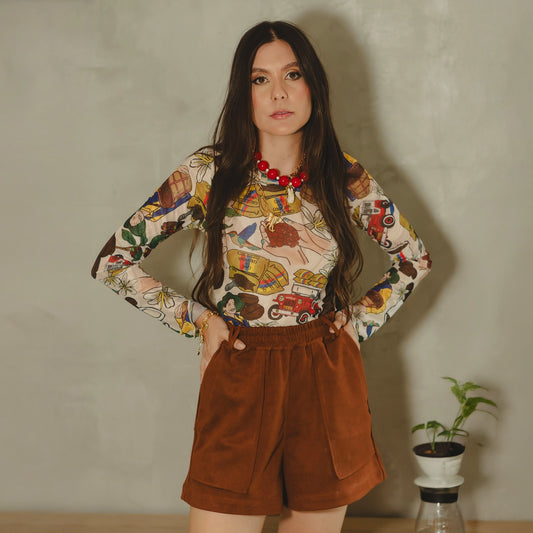 Buso Mundo Café en malla estampada, look completo frontal con short café – Ale Ardila Studios